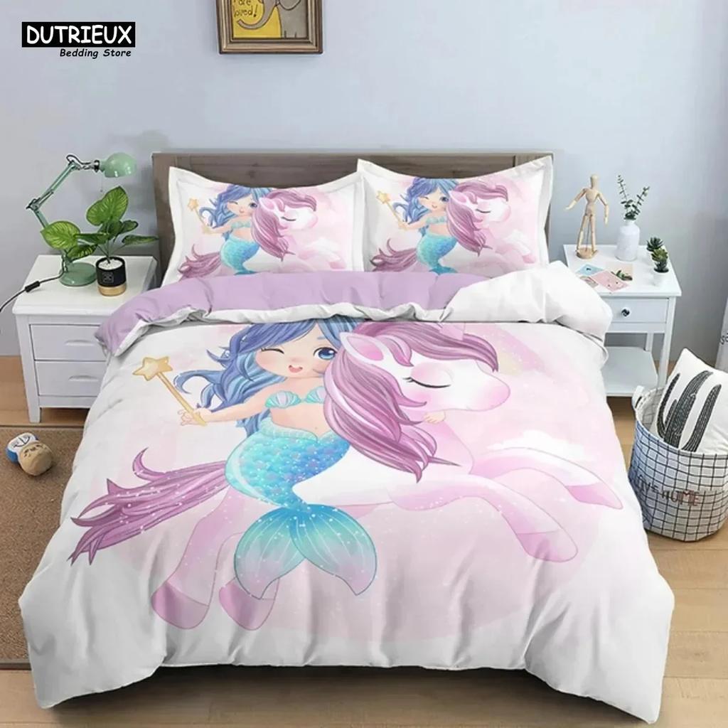 Luxury New 3D Print Cartoon Blue Mermaid Duvet Cover Beautiful Girl With Unicorn Bed Cover Single Double Queen King Bedding Set