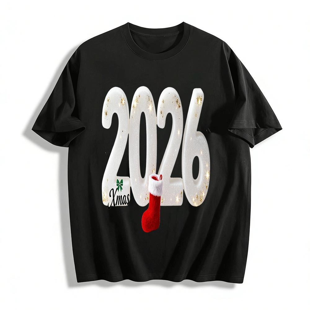 2026 Christmas Glitter Number Stocking Print Casual Top Pure cotton T-shirt XXS