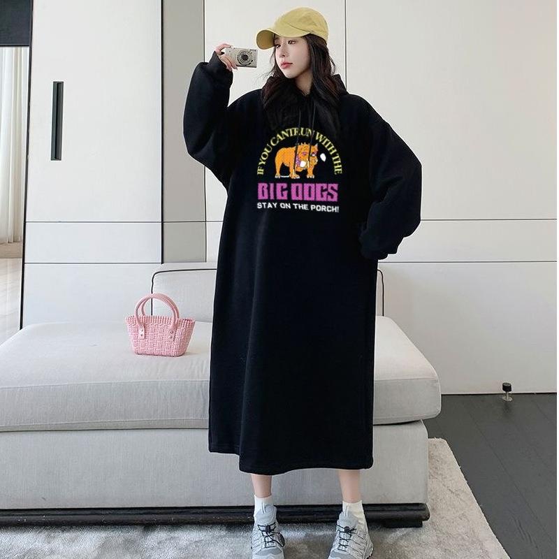 Women's Fall and Winter New Style Fleece-lined and Thick Long-sleeved Pullover Dress Over-knee, Slimming for Plus-size Women