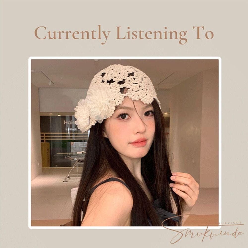 Flowers Beret Cap Lace Hand Woven Yarn Cap Casual Skullies Hat Autumn