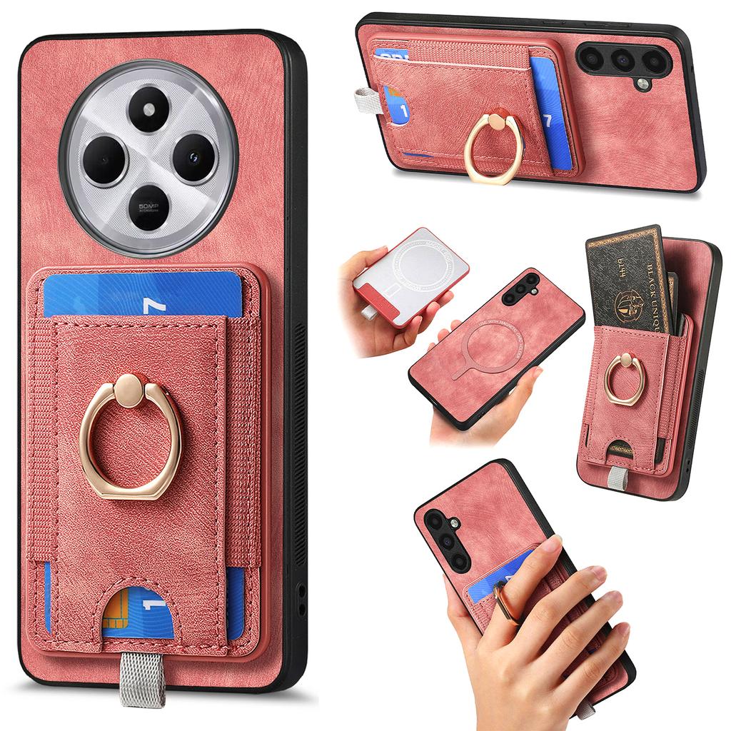 Magnetic Phone Case For Xiaomi Redmi 14C 4G/14R 5G/Poco C75 4G PU Leather Back Cover with Card Holder Ring Kickstand