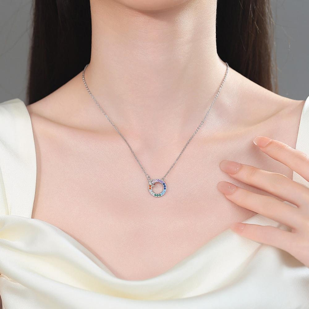 Simple Female Rainbow Zircon Stone Skeleton Round Pendant Necklace Silver Gold Color Wedding Jewelry For Women