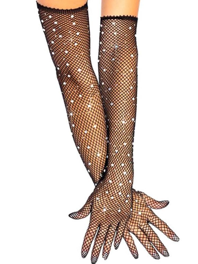High Elasticity Diamond Studded Fishing Net Gloves,  Pressed And Sexy Nightclub Long Sleeves, Colored Diamonds