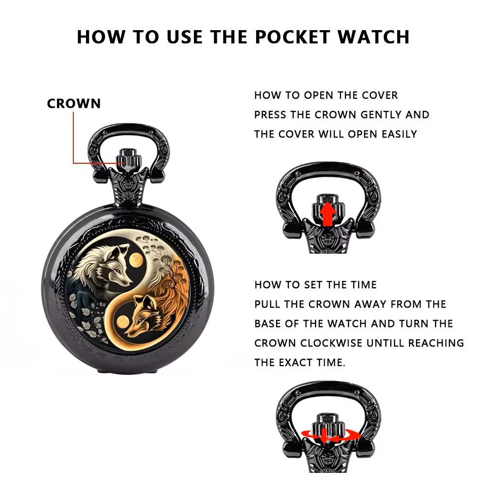 Vintage Retro Gold Bronze Doppel Wolf Yinyang Quarz Unisex Männer Frauen Taschenuhr Quarz Halskette Anhänger Uhr Kette Klassische Zifferblatt Schmuck Geschenk