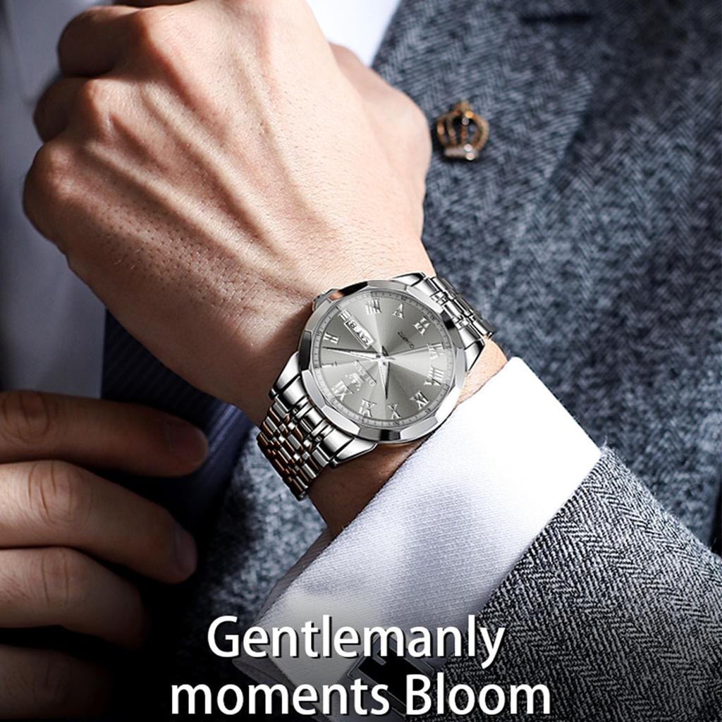 OLEVS Business Analog Silber Grau Beliebte Zeigeruhr für Edelstahl Cool Silber Herren Leicht ablesbare Zeiger Lässige Herrenuhr, Wasserdicht, Leuchtend,