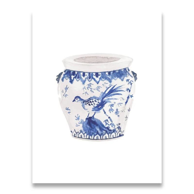 Blue and White Chinese Vase Watercolor Art Prints  Ginger Jar Oriental Porcelain Canvas HD Poster  Elegant Home Wall Decor Paint