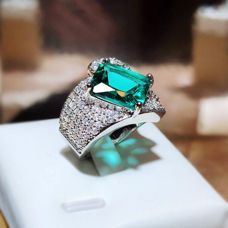 High-definition Zircon Adjustable Ring Heavy Inlaid Emerald  Sterling Silver Ring Women's Party Wedding Rings