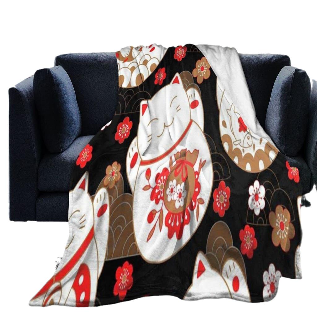 Fortune Cat Pattern Printed Blanket for Sofa Bed Travel Camping Living Room Office Conditioning Blanket for All Seasons Gifts