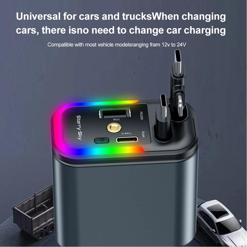 5 In 1 Retractable Car Charger with Starlight Type-C 180W Car Charger Adapter Car Phone Charger for iPhone & Android