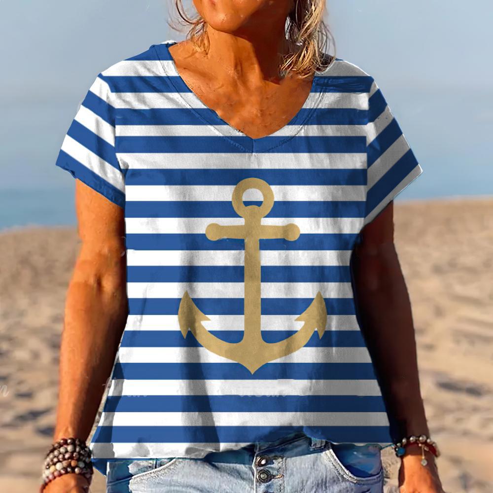 Summer Striped Anchor 3D Print T-Shirts Women V-Neck Short Sleeve T Shirt Y2k Harajuku Tees Casual Loose Tops Female Clothing