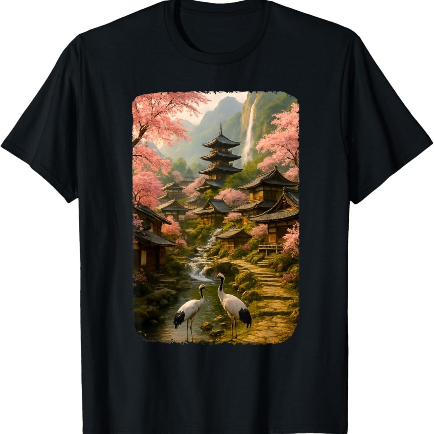 Traditional  Village Cranes and Cherry Blossoms T-Shirt S чёрный