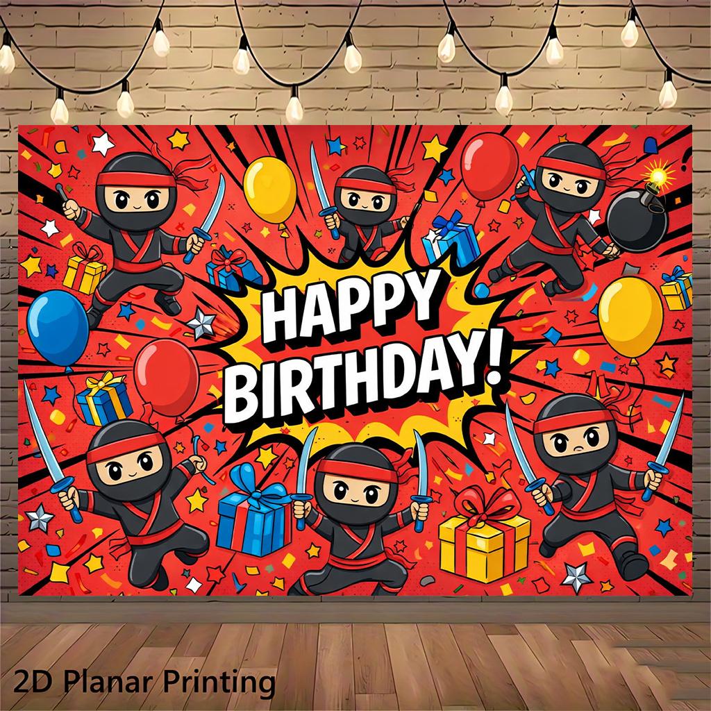 Levendig Gelukkige Verjaardag Ninja Thema Wandkleed Muurkunst Poster Polyester Decoratie voor Feest Viering Achtergrond Decoratie