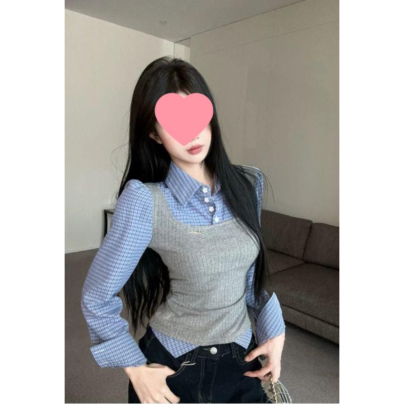 

Women s Plaid Layered Shirt: Trendy College Style, Age-Reducing Two-Piece for Autumn/Winter, Featuring Inner Vest and Base Layer. XL (115-125 jin)