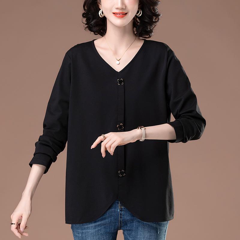 Women’s Plus Size V-Neck Long Sleeve Shirt – Loose Fit for Spring & Autumn, Slimming Design for Middle-Aged & Elderly 