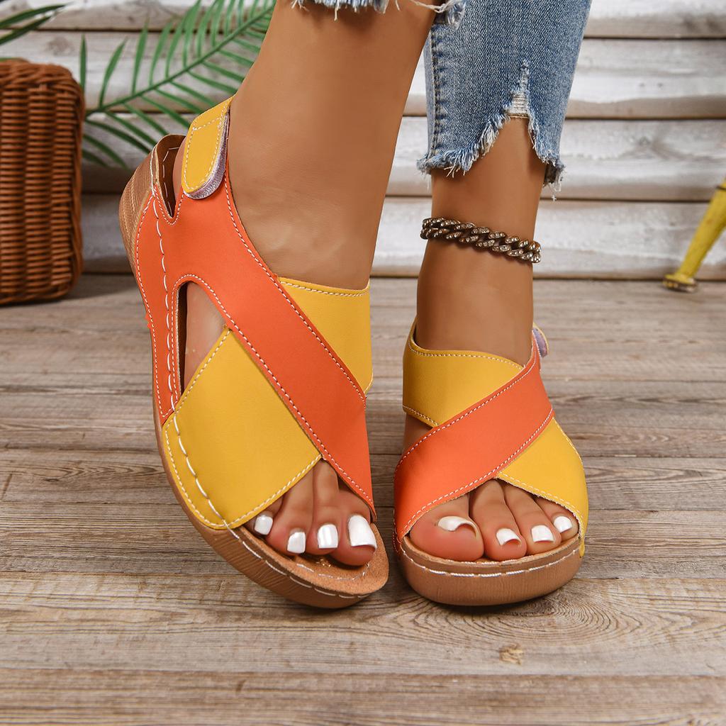 2025 Summer New Thick-soled Fish Mouth Color Matching Foreign Trade Women's Shoes Large Size Velcro Hollow Beach Shoes