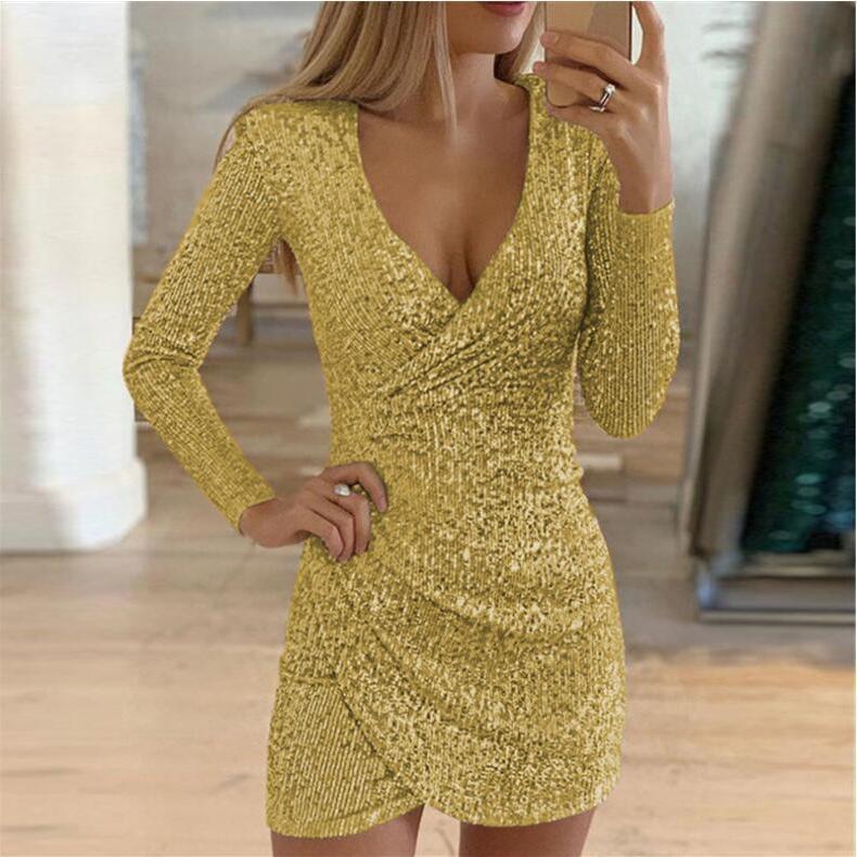 Sexy Silber Glitter Kleider Für Frauen 2021 Tiefem V-ausschnitt Pailletten Mini Bodycon Dress Herbst Winter Langarm Party Dress