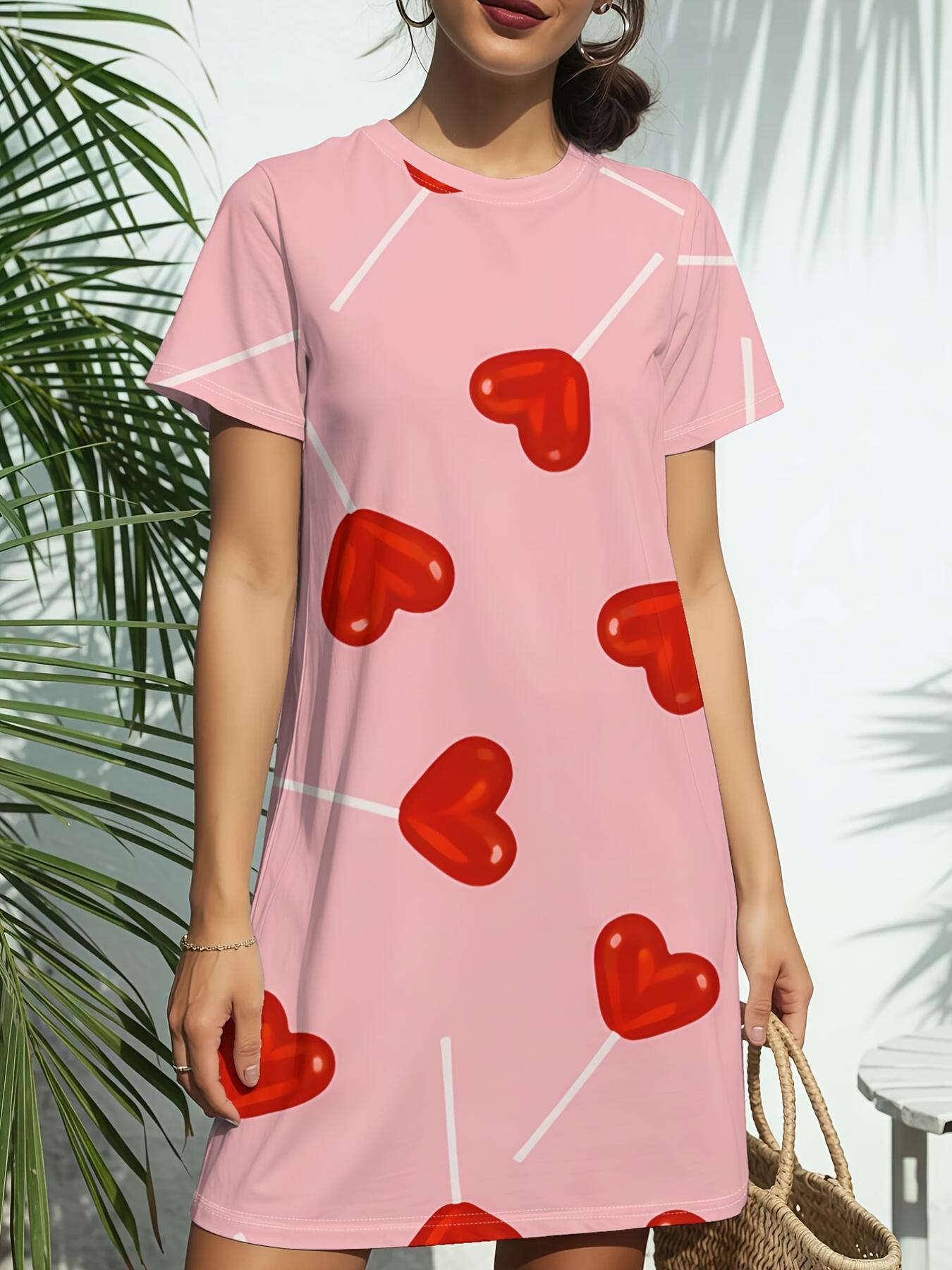 

Red Heart Pattern Print New Women S Round Neck Short Sleeve T-Shirt Dress. American Style Trend Digital Printing. Casual And Versatile for Spring And 8XL дубильна кора