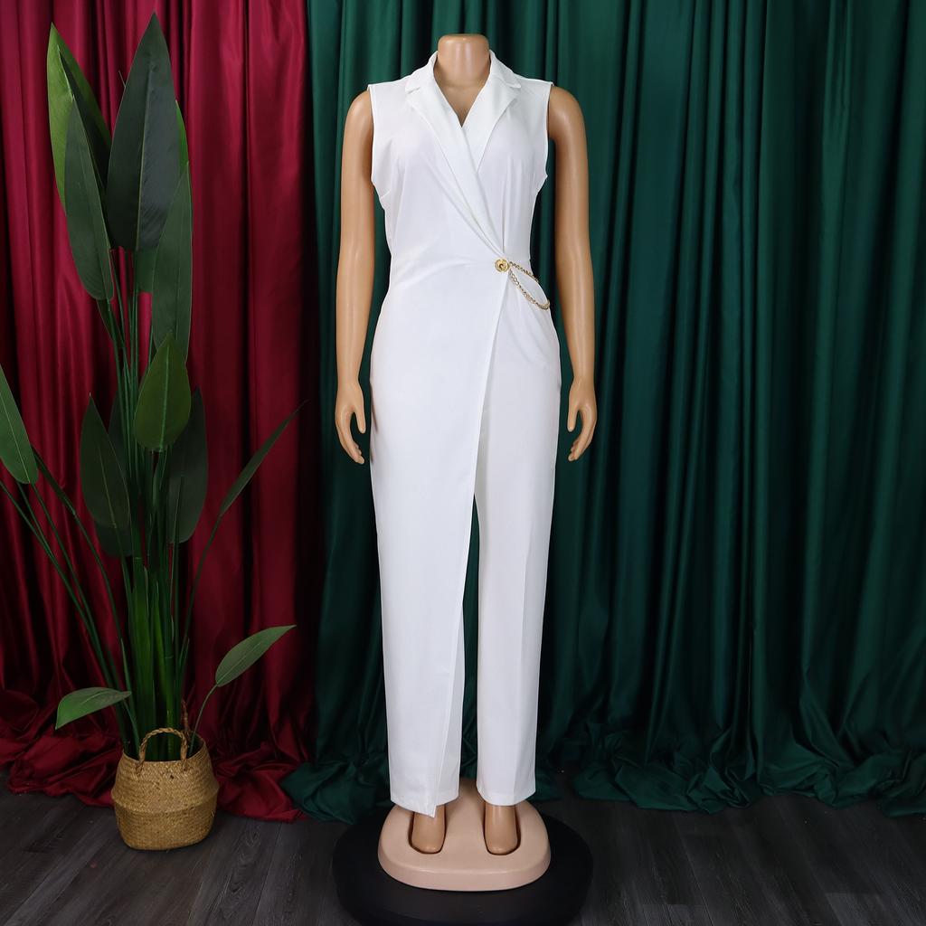 Women's Elegant and Elegant Suit Collar Waist Chain Loose Wide Leg Jumpsuit