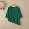 ZANZEA Women Casual Round Neck 3/4 Sleeve Loose Irregular Blouse