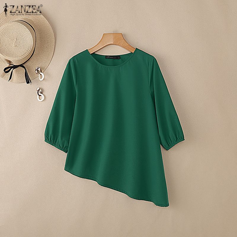 ZANZEA Women Casual Round Neck 3/4 Sleeve Loose Irregular Blouse