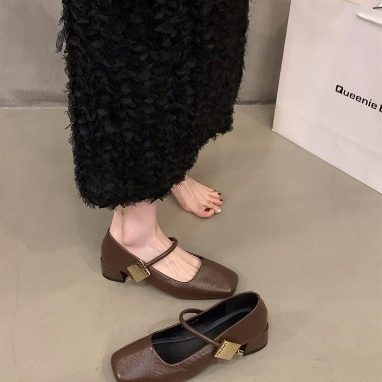 French Black Thick Heel Mary Jane Single Shoes Women'S Shoes Spring Medium And High Heel Square Head Evening Shoes