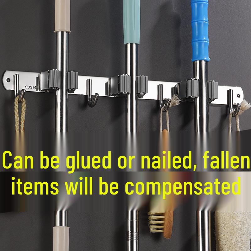 Stainless Steel Seamless Mop and Broom Storage Rack for Bathroom/Balcony Hook