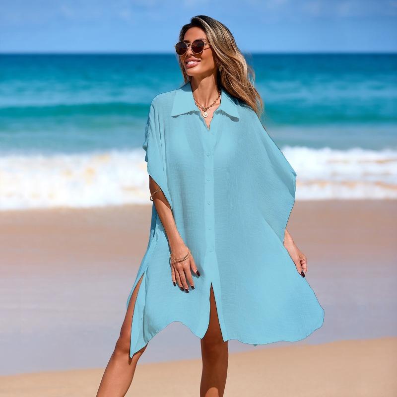 Copricostume da spiaggia estivo da donna camicia con colletto gonna da spiaggia top in tulle manica corta larga copricostume bikini
