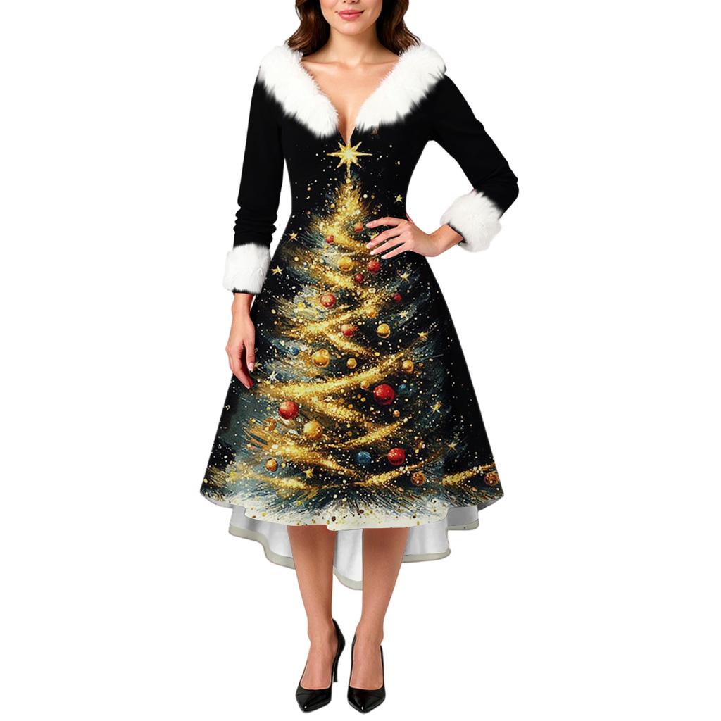 Women's Fashion Elegant Autun And Winter Long Sleeve V-Neck Christmas Print Dress