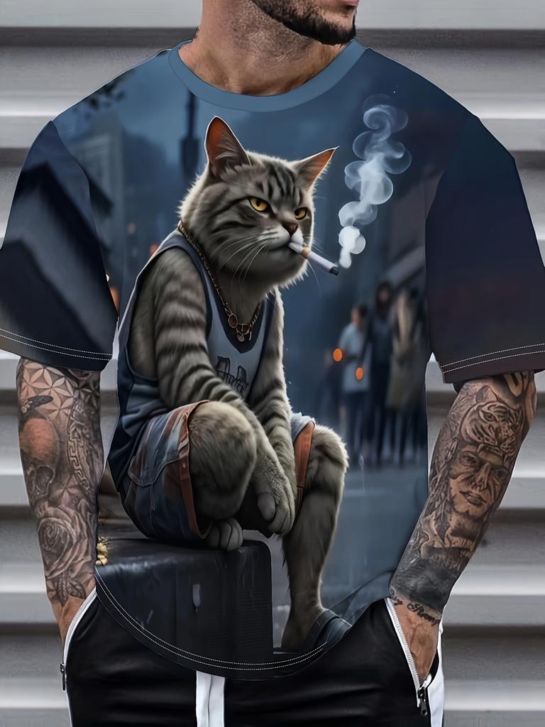 Fashionable and Fun Animal Cat Pattern Men's 3D Printed T-shirt with Oversized Short Sleeved Round Neck Casual Men's and Women's Clothing