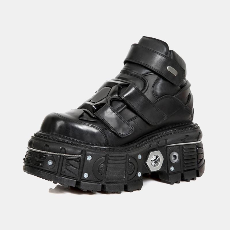 Fashion Women Dark Punk Chunky Shoes Platform Ankle Boots Gothic Style Lace Up Shoes Metal Motorcycle Boots Round Toe Chunky Boots