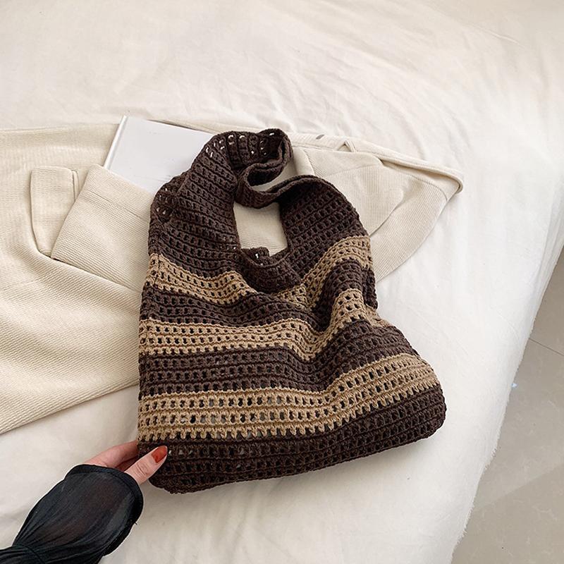 Knitted Shoulder Bags for Women Hollow Woven Crochet Bag Knitting Handbags Large Capacity Shopping Tote