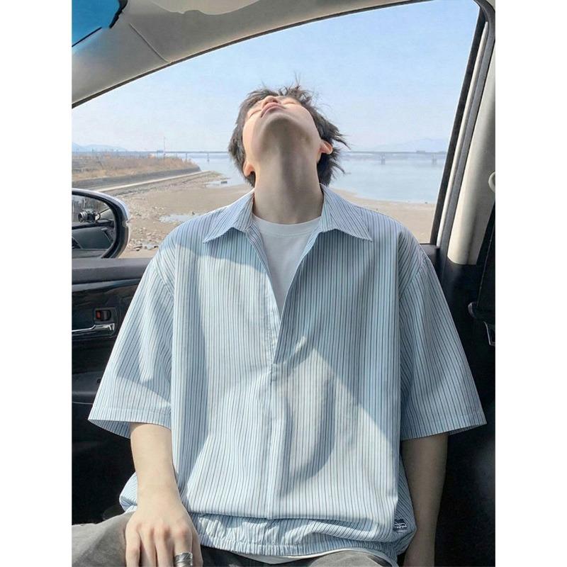 Men Vertical Stripe Short Sleeve Button Down Shirt Oversized Casual Lapel Shirt for Men