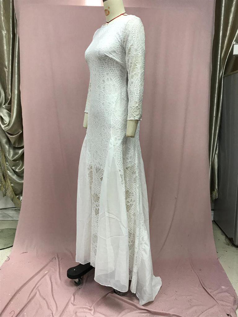 2025 Spring European & American Women's Celebrity Banquet Wedding Dress - Round Neck, Long Sleeve, Printed, Backless Lace