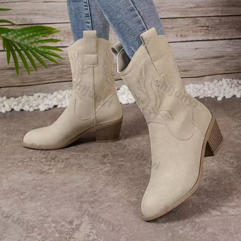 Fashion Women Embroidered Mid Calf Western Cowboy Boots Woman Autumn Winter Faux Leather Chunky Heeled Retro V-Cut Pointed Cowboy Boots