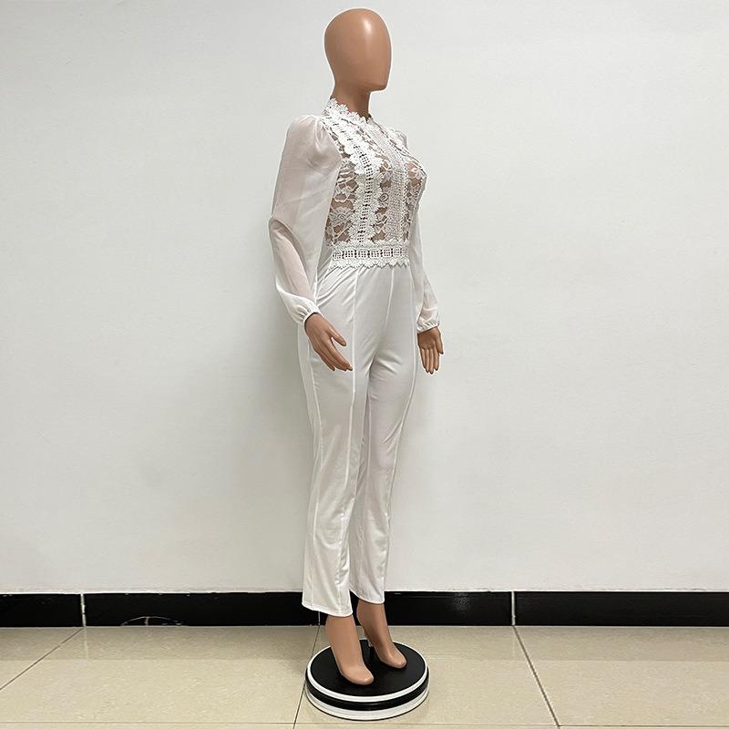 Women's High Collar Lace Lace Fashion Solid Color Chiffon Long Sleeve High Waist Jumpsuit