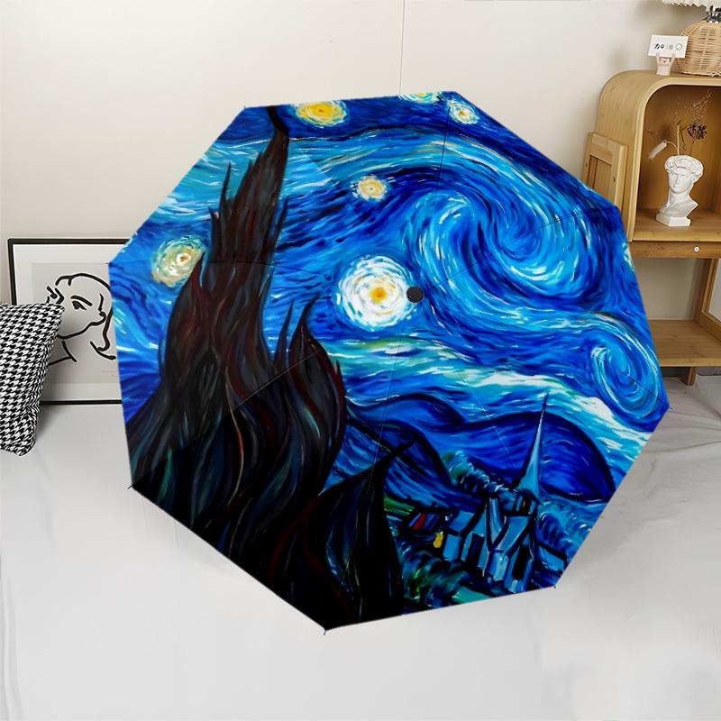 Starry Night Van Gogh-Inspired Automatic Folding Umbrella - Windproof & -Protective, 8-Rib Design, Portable for Commuting & Ou