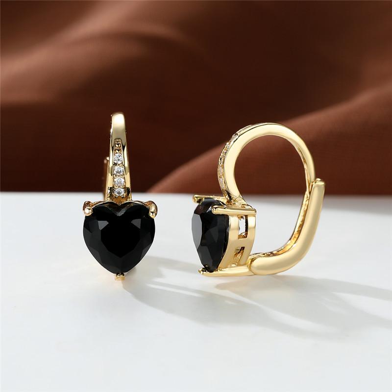 Crystal Female Green Purple Zircon Stone Clip Earrings Vintage Gold Color Love Heart Wedding Jewelry For Women