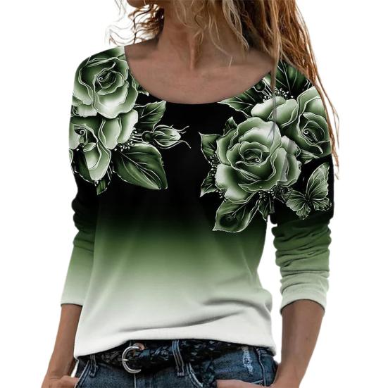 Women Blouse Plant Print Shrink Resistant Round Neck Vibrant Rose Spring Blouse for School