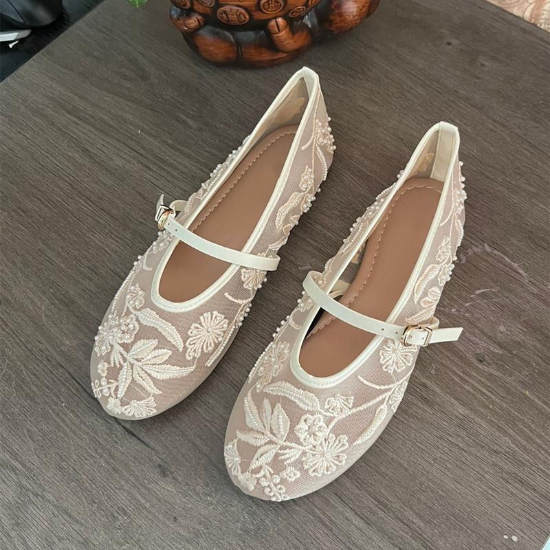 

Breathable Mesh Embroidery Pearls Women Ballet Flats Spring Summer Comfort Soft Soles Mary Janes Girls Dance Shoes 41
