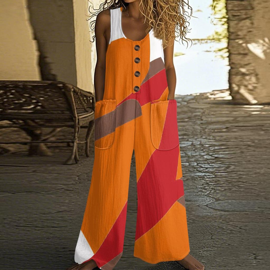 Women's Fashion Casual Button-down Sleeved Jumpsuit Retro Color Block Stitching Printed Cotton Pocket Jumpsuit