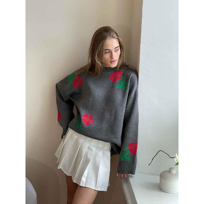 Cross-Border round Neck Rose Printed Sweater Sweater European and American Autumn and Winter New All-Matching Loose Pullover Sweater for Women