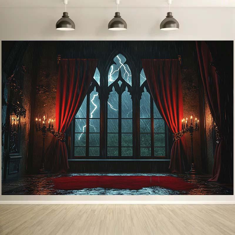 One-person Gothic window lightning red curtains polyester photography background Halloween decoration party background