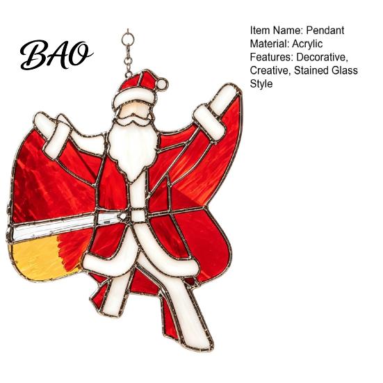 Holiday Garden Decor Christmas Snowman/Santa Claus/Deer Suncatcher, Stained Glass Style Pendant with Hanging Living Room Festive Chain, 2D Flat