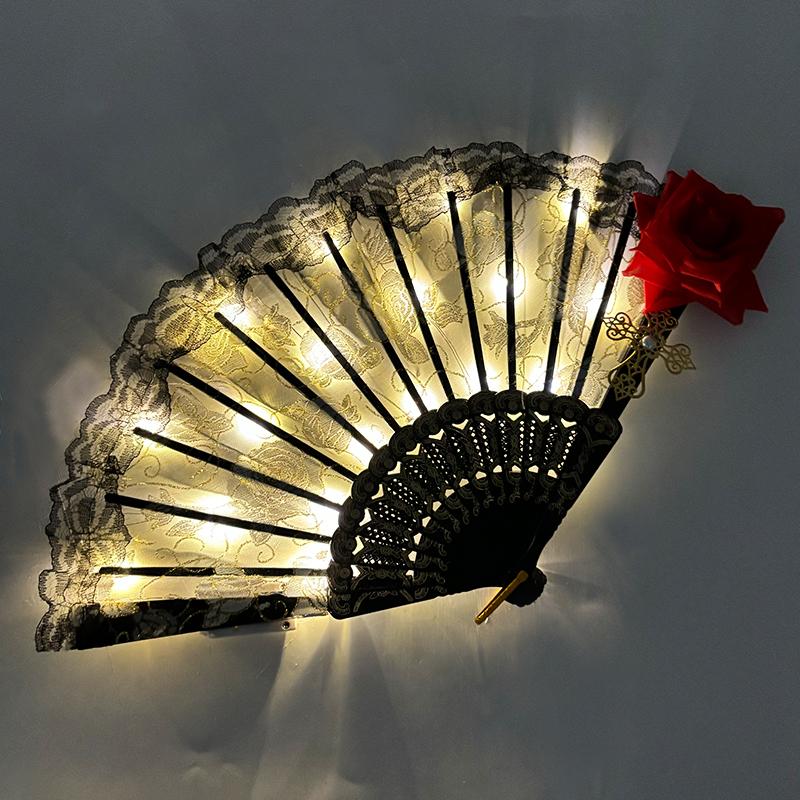 9 Inches Glowing Rose Lace Fan Anime Show Gothic Retro Flower Lolita Cosplay Accessories LED Black Rose Folding Fan Led Fans