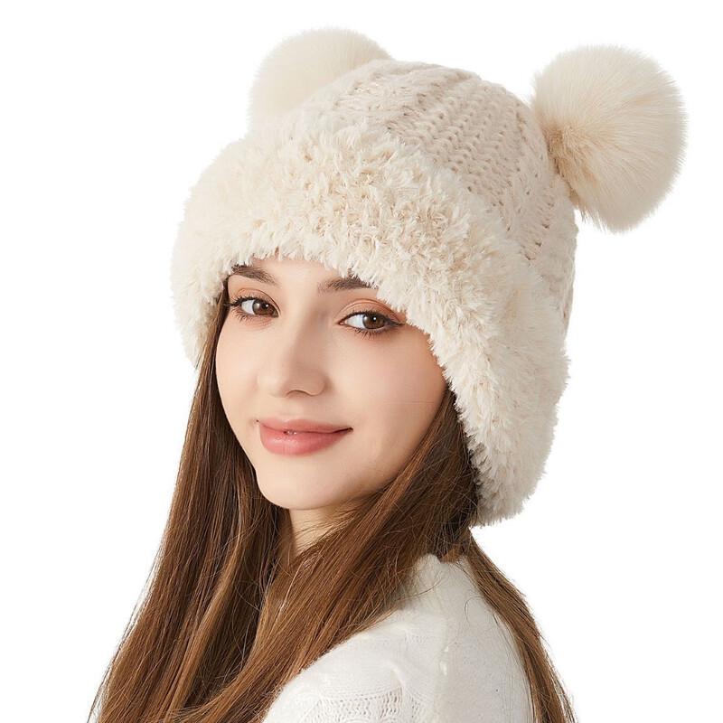Vintage Chunky Cable Knit Pom-Pom Earflap Beanie 56-58cm