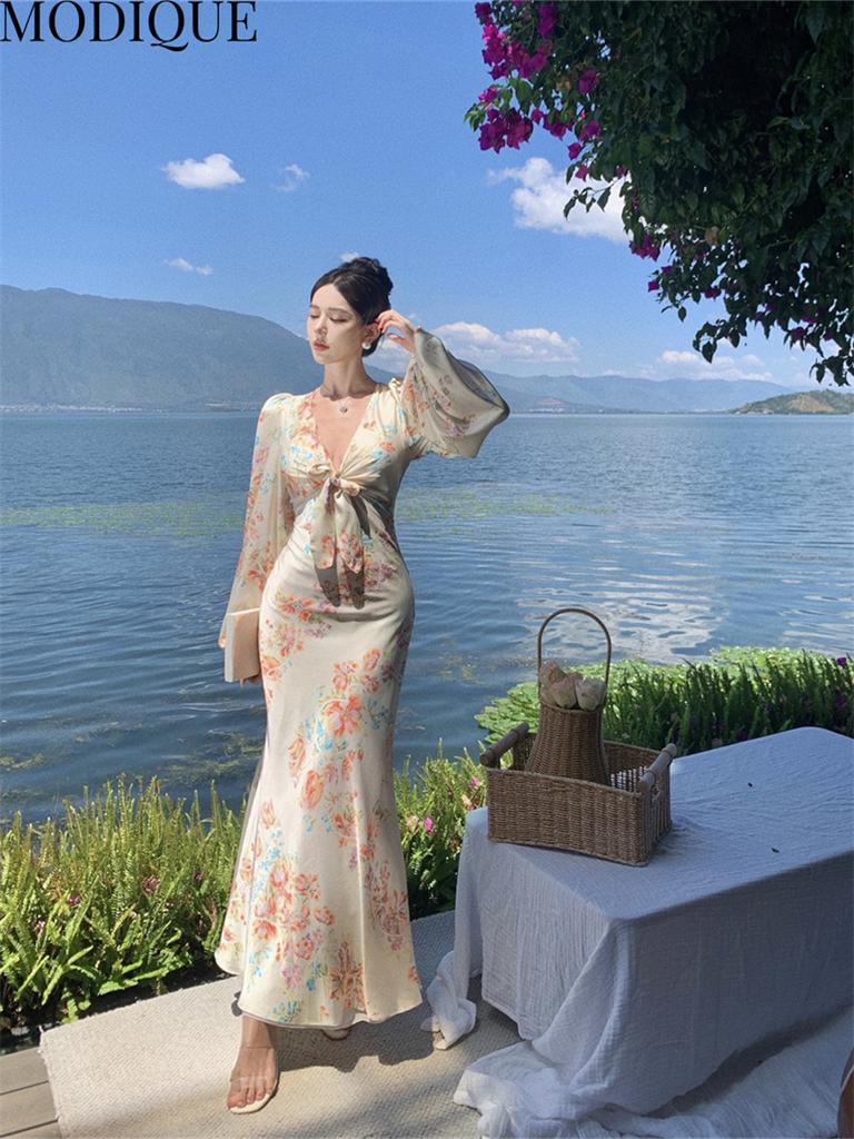 MODIQUE Spring Summer Women Elegant Floral Print Beach Backless Hip Wrap Fishtail Long Dresses Holiday Lady Fairycore Sexy V-Neck Puff Sleeve Dresses