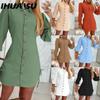 Women's Fashion Autumn Winter Solid Color Print Long Sleeve POLO-Neck Casual Dresses