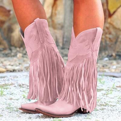 Fringe Boots For Women Mid Calf Women's Boots Comfortable Pull On Chunky Heel Pointed Toe Fringed Boots Western Knee High Fit