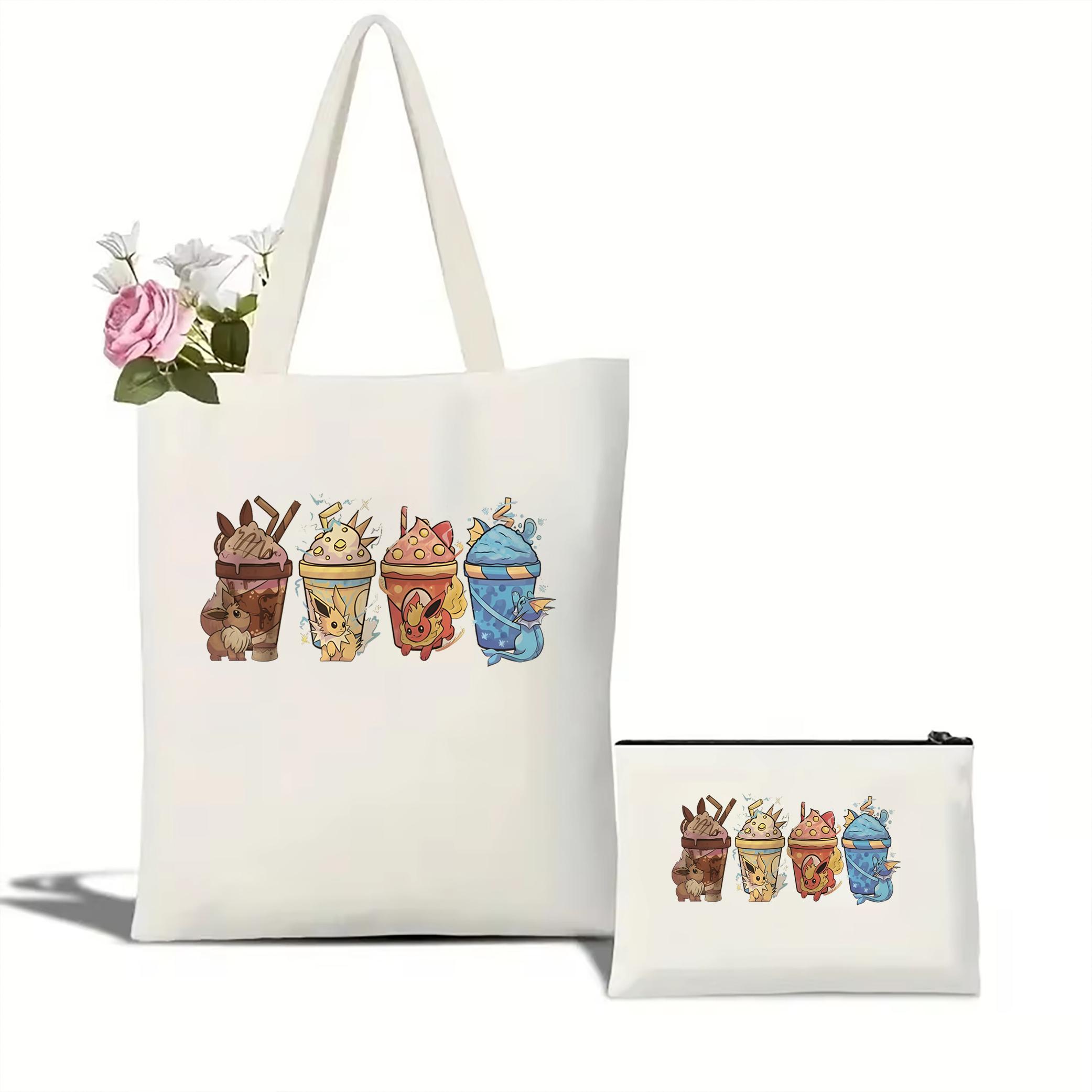 

Холщовая сумка-тоут с изображением покемона, толстовка с принтом кофе-латте, графическая холщовая сумка, милая сумка-тоут с изображением покемона WHITE