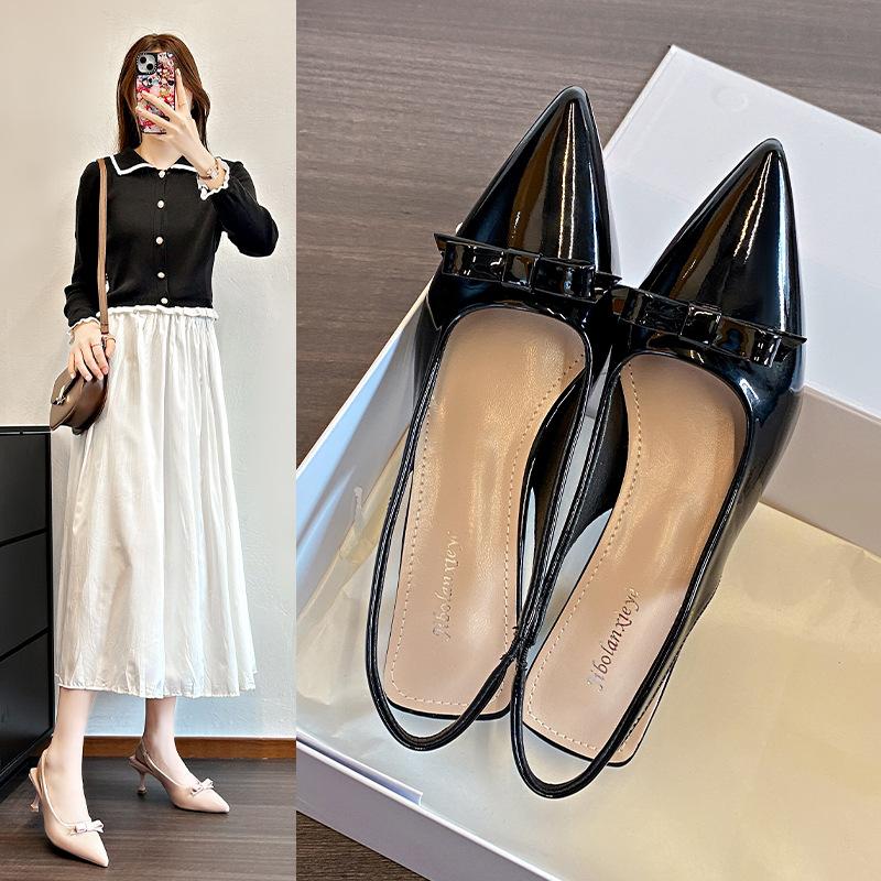 Spring 2025 new fashion temperament pointed head bow high heel sandals women's elastic band bag head empty sandals